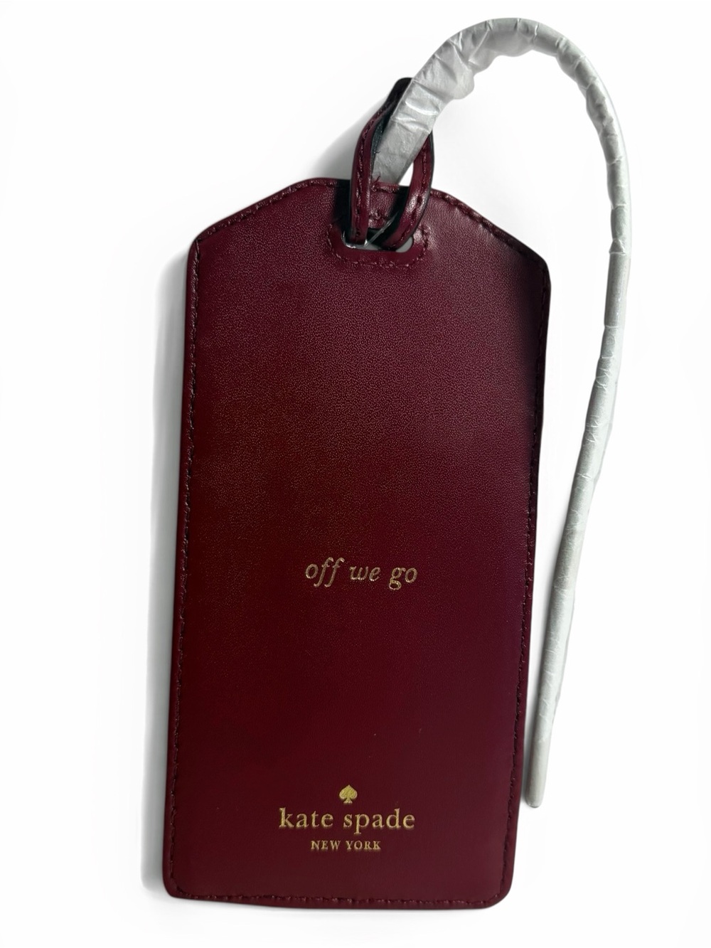 NWT Kate Spade “off we go” Merlot Leather Luggage Tag sealed original packaging